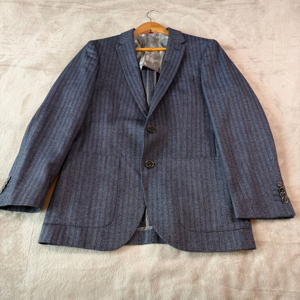 Hugo Boss HUGO Mens 38R Blue Herringbone Virgin Wool Cotton Blazer Sport Coat